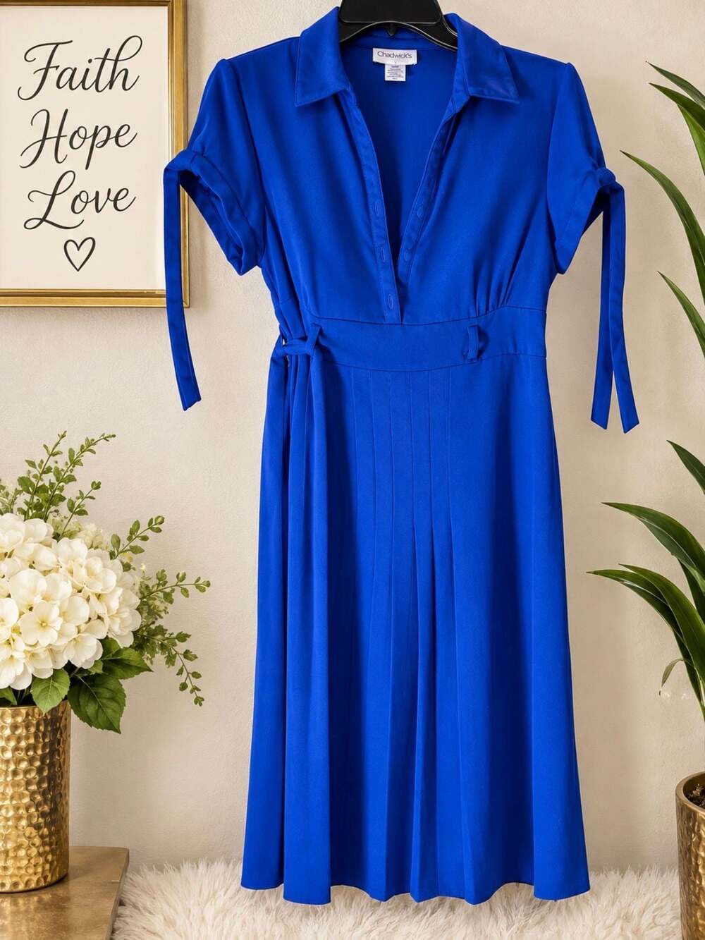 Chadwick's Royal Blue V-Neck Collared Tie-Sleeve Midi Shirt Dress Size 14P